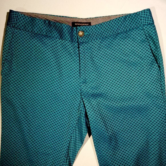 BANANA REPUBLIC Ankle Pants sz 8 Hampton Fit Teal/Navy Geo Print Textured GUC - Picture 2 of 12